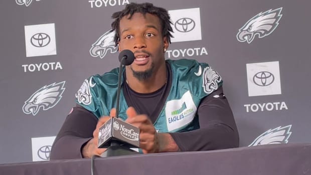 Quez Watkins meets reporters on Sept. 25, 2021